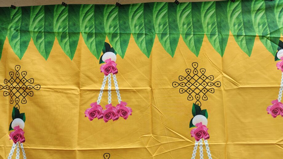 5'x8' Indian Kolam with Rose Tassels Yellow Backdrop (Taiwan Cloth)