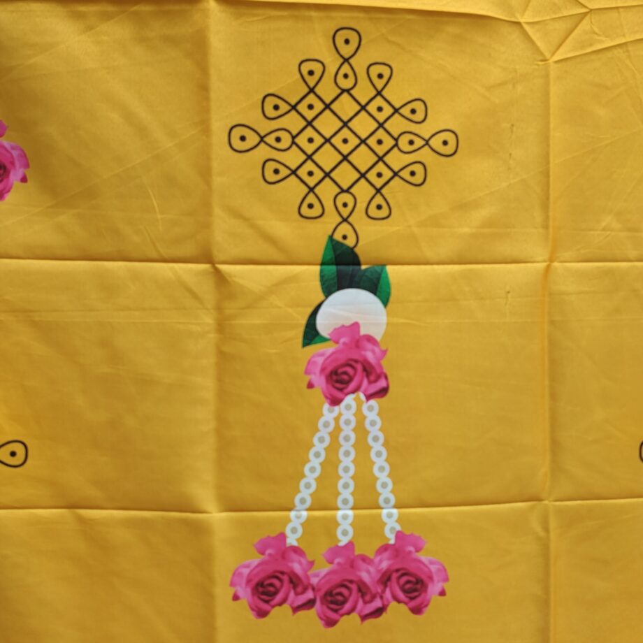 5'x8' Indian Kolam with Rose Tassels Yellow Backdrop (Taiwan Cloth)