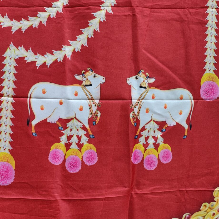 5'x8' Lakshmi with Kamadhenu Red Backdrop (Taiwan Cloth)