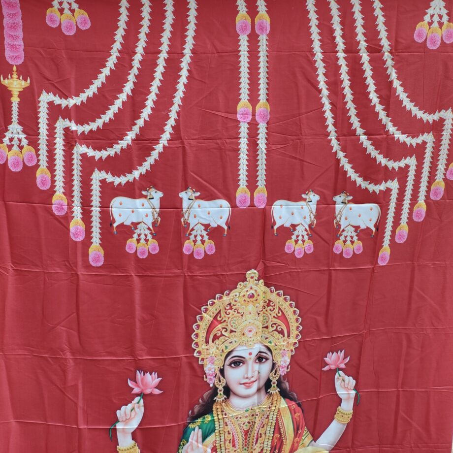 5'x8' Lakshmi with Kamadhenu Red Backdrop (Taiwan Cloth)