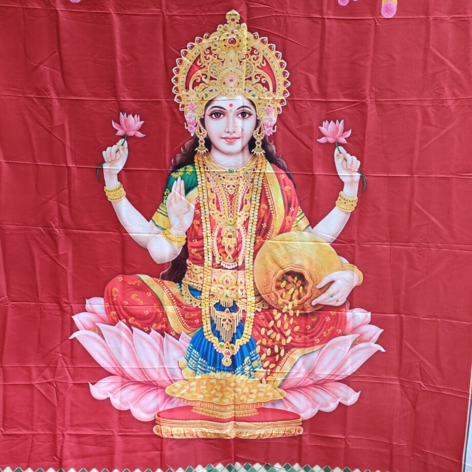 5'x8' Lakshmi with Kamadhenu Red Backdrop (Taiwan Cloth)