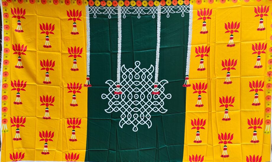 8'x5' Kolam & Lotus Yellow/Green Backdrop (Taiwan Cloth)