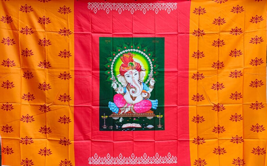 8'x5' Red Ganesh with Yellow Lotus Backdrop Cloth(Taiwan cloth)