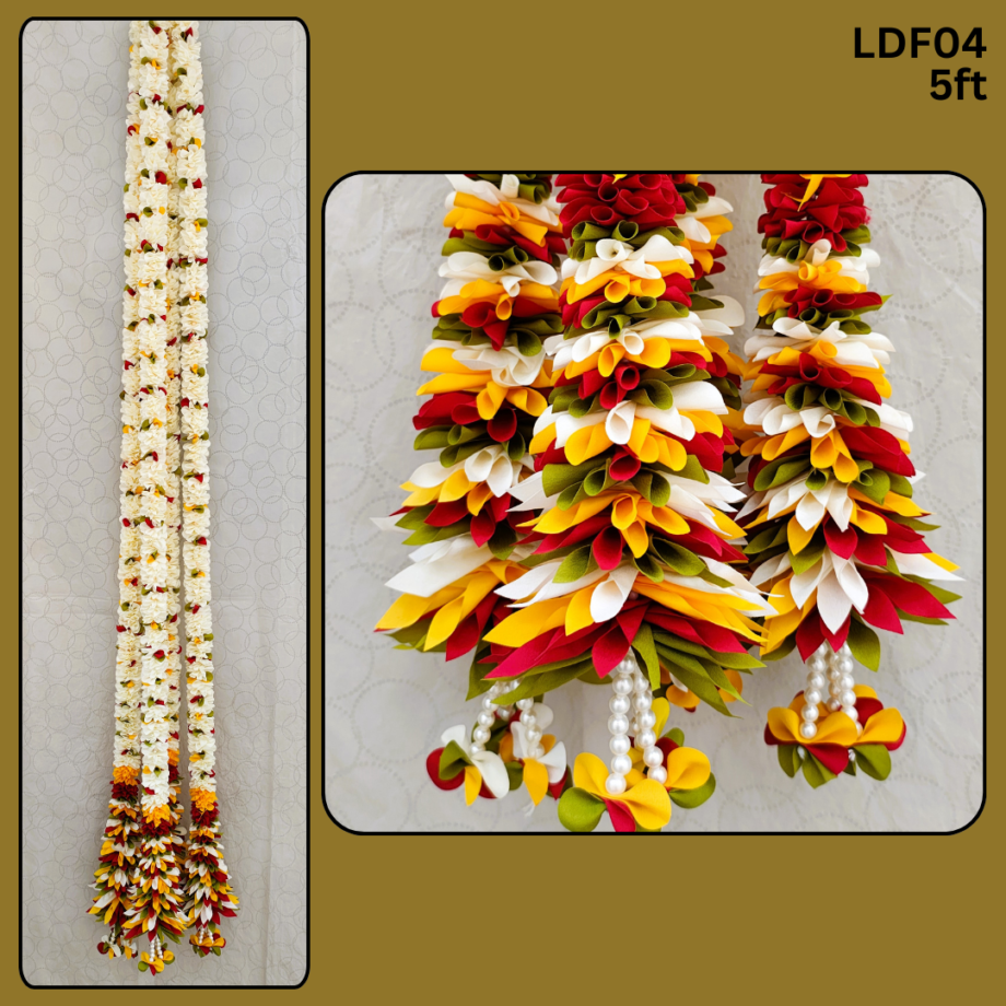 Pair of White Petal Garlands with Green-Mustard-Red Pineapple Cut Bunches