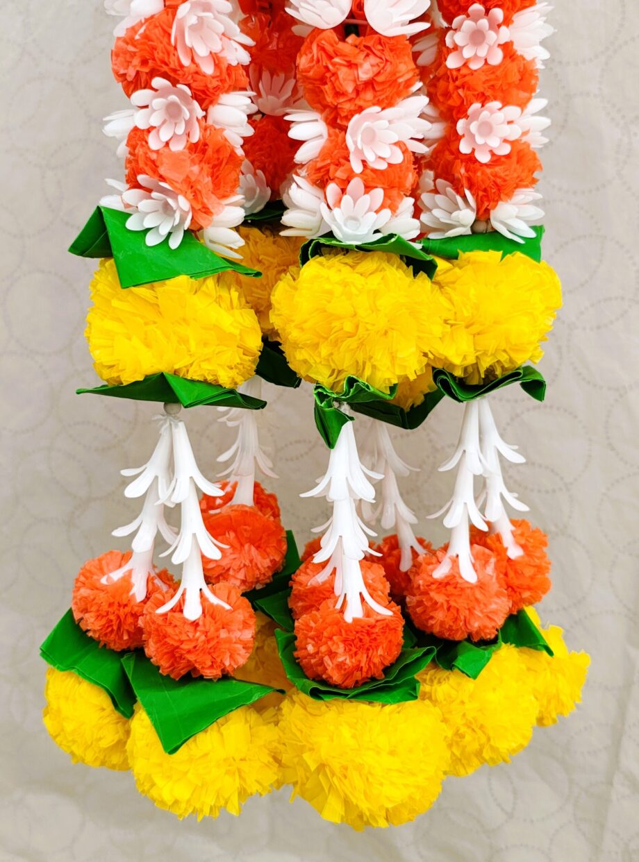 Pair of Orange Marigold Garlands Studded with Mogra and Lily Tassels