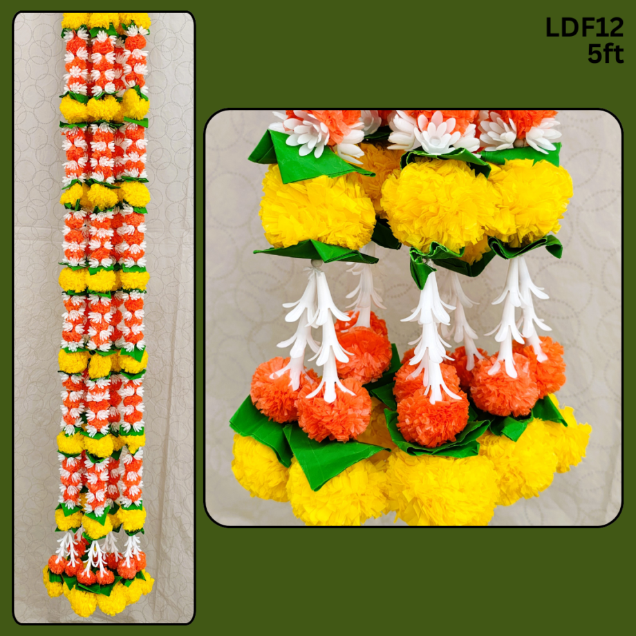 Pair of Orange Marigold Garlands Studded with Mogra and Lily Tassels