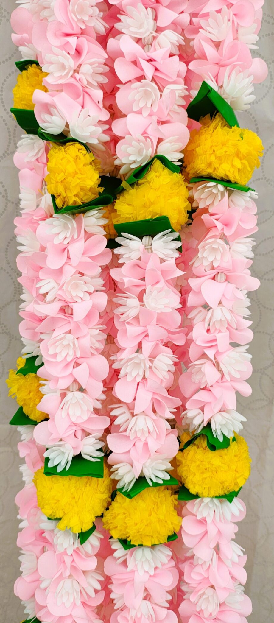 Pair of Baby Pink Rose Petal Garlands Studded with White Jasmine & Bell Hangings