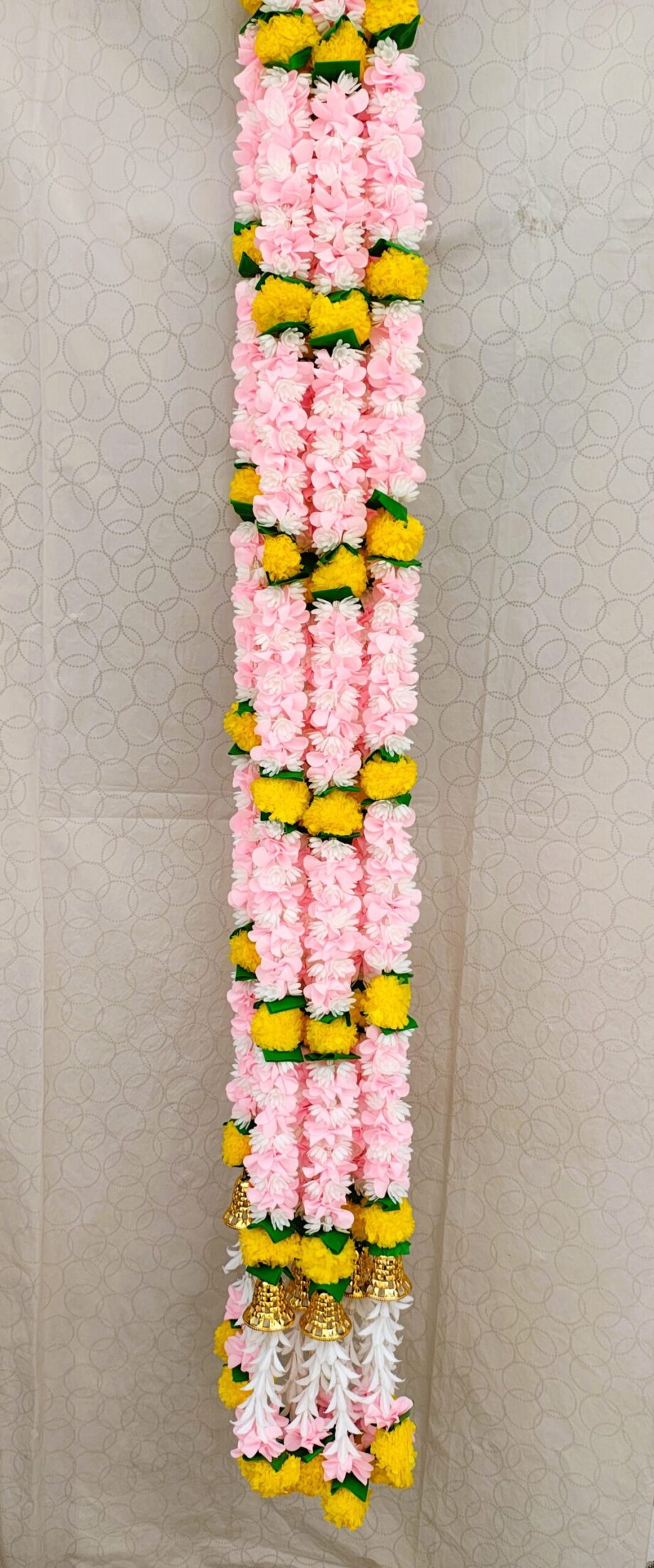 Pair of Baby Pink Rose Petal Garlands Studded with White Jasmine & Bell Hangings