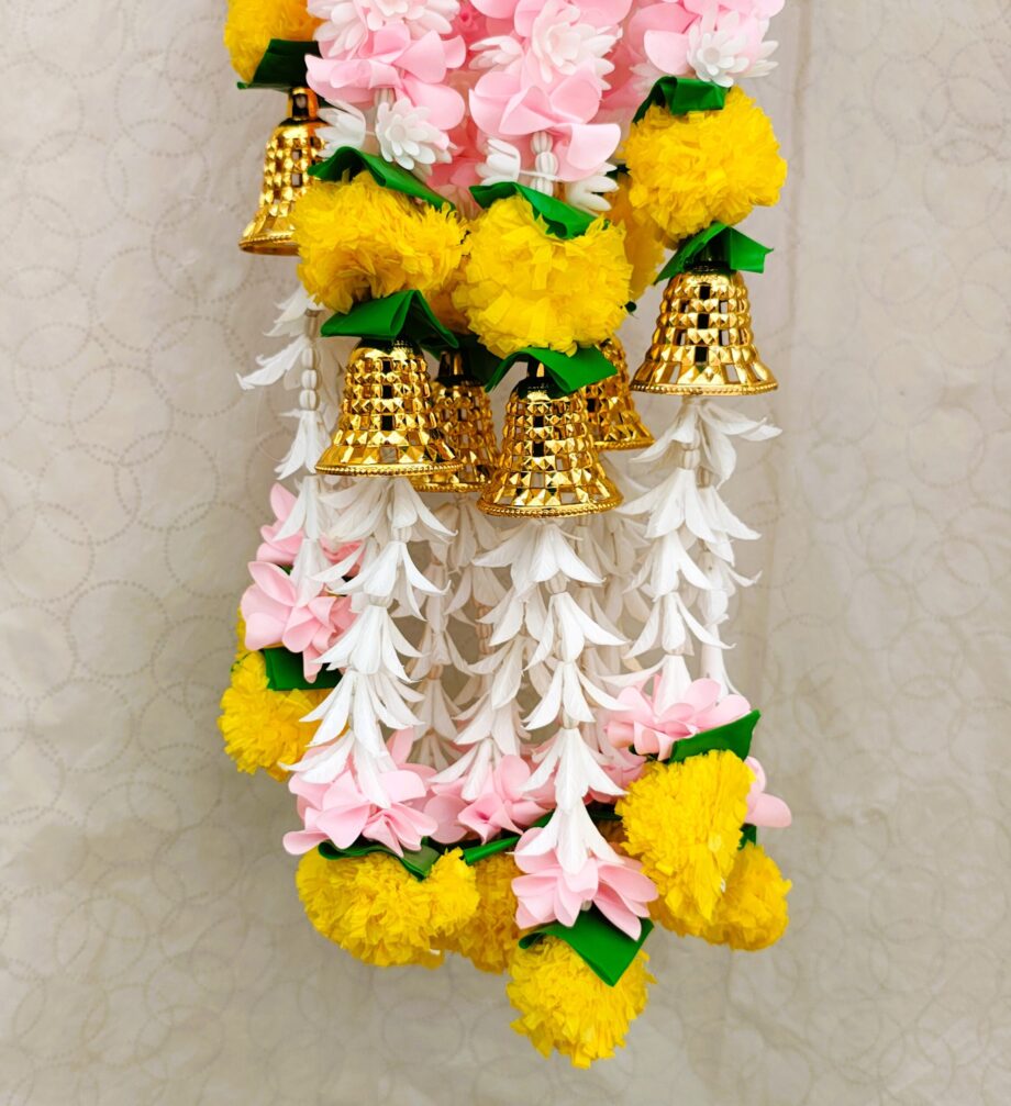 Pair of Baby Pink Rose Petal Garlands Studded with White Jasmine & Bell Hangings