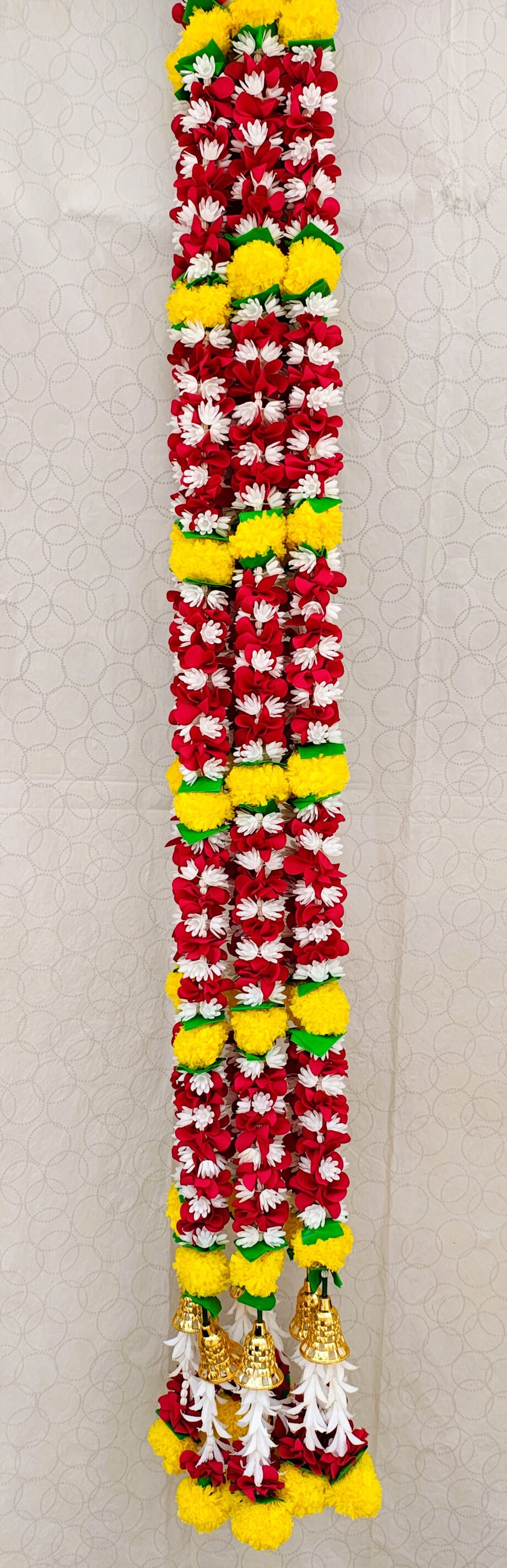 Pair of Red Rose Petal Garlands Studded with White Jasmine & Bell Hangings