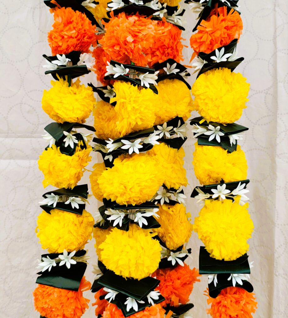 Pair of Yellow with Orange Marigold Garlands with Lily Tassels
