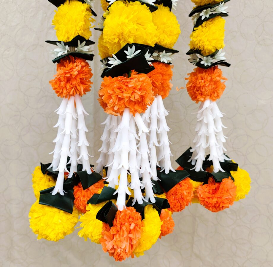 Pair of Yellow with Orange Marigold Garlands with Lily Tassels