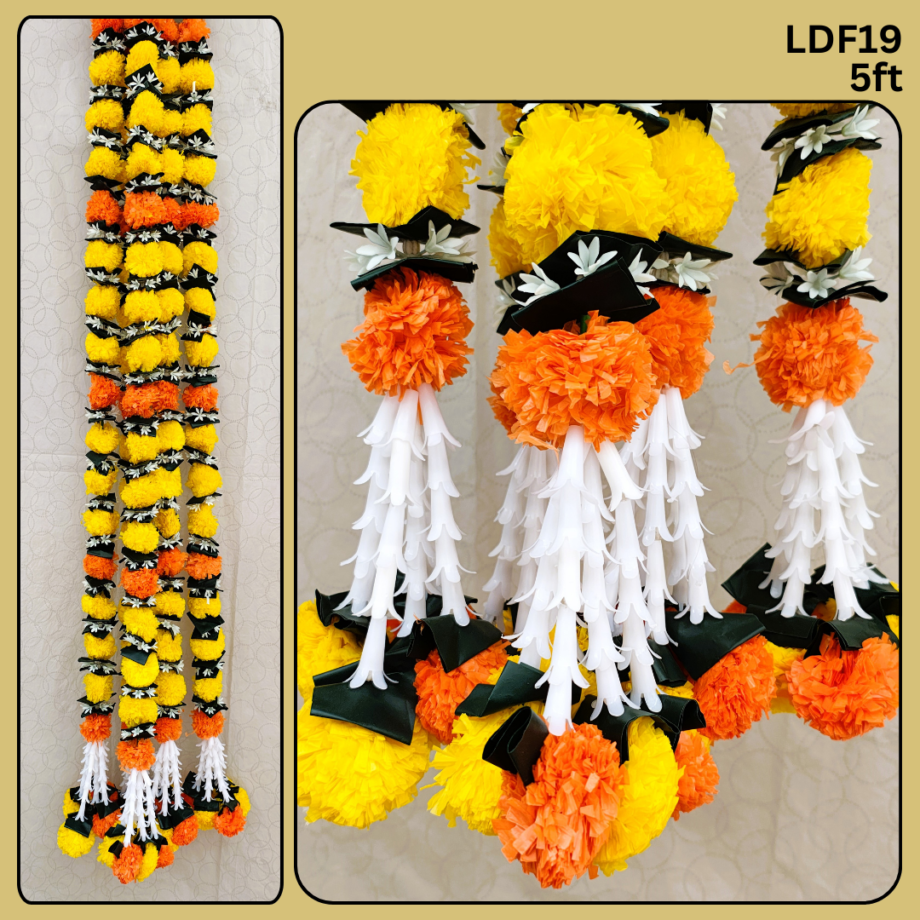 Pair of Yellow with Orange Marigold Garlands with Lily Tassels