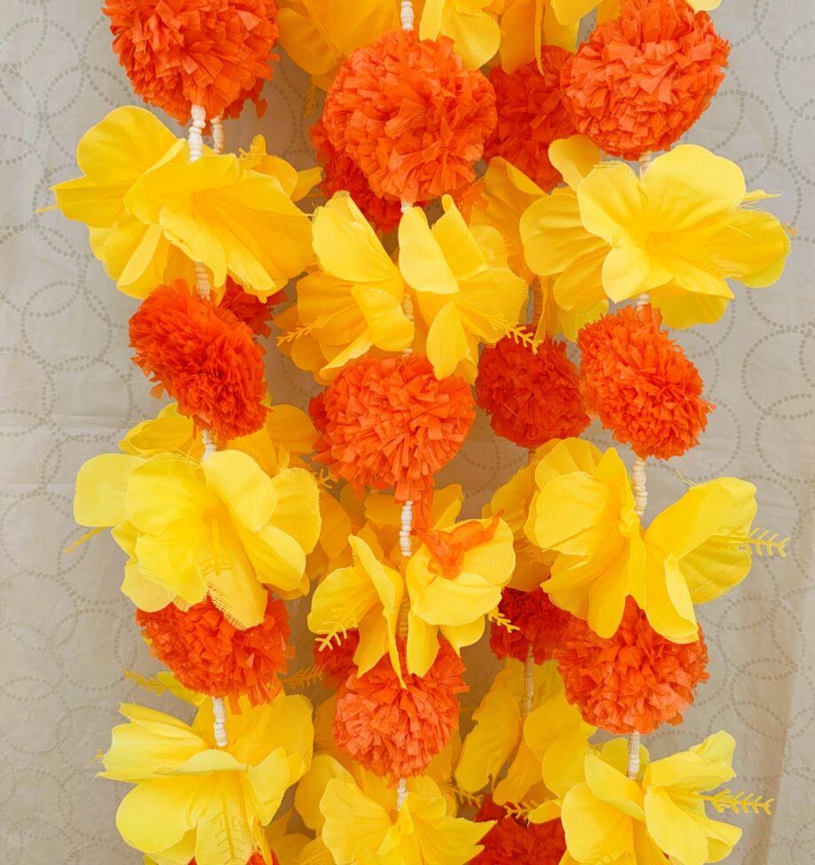 Pair of Orange Marigold Garlands Studded with Yellow Hibiscus