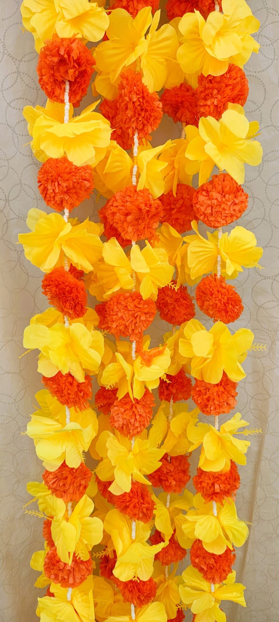 Pair of Orange Marigold Garlands Studded with Yellow Hibiscus