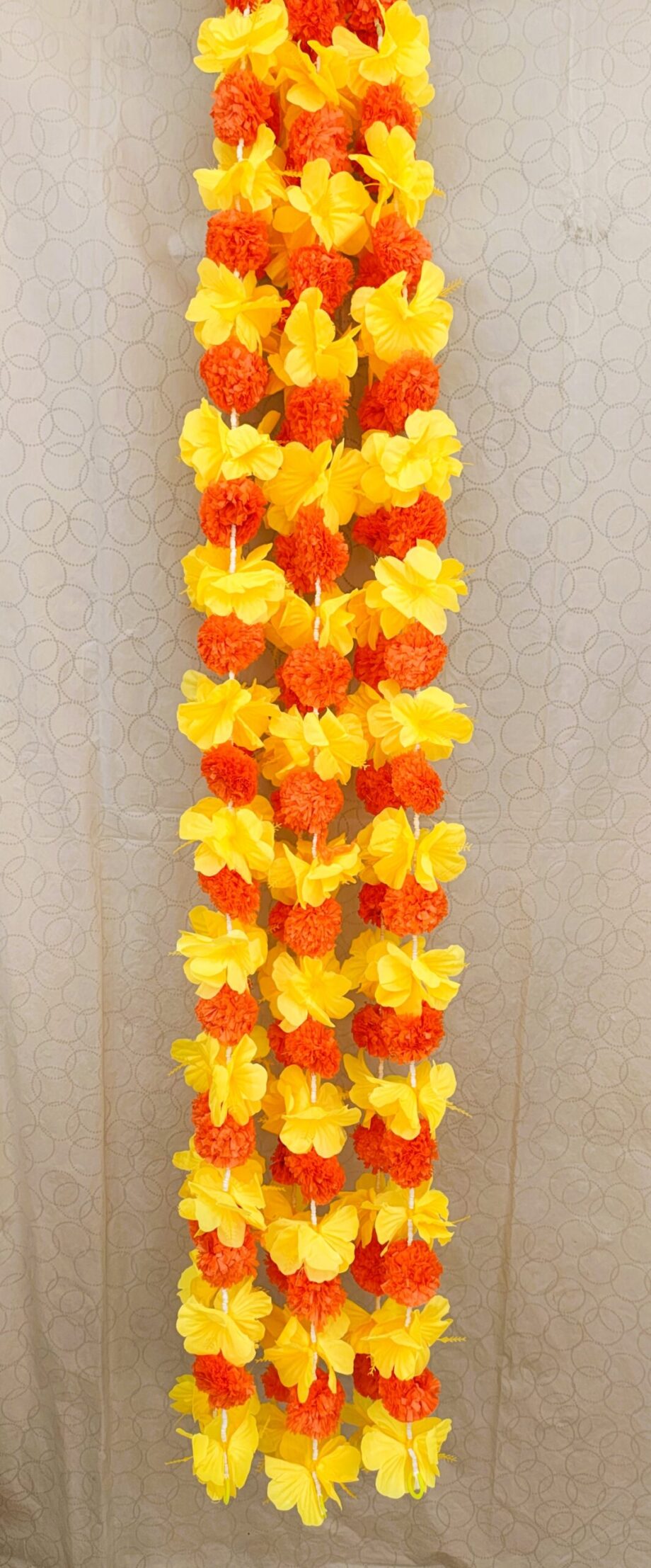 Pair of Orange Marigold Garlands Studded with Yellow Hibiscus