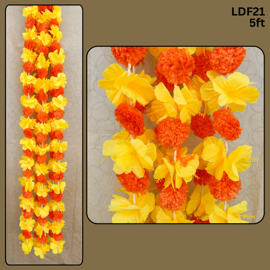 Pair of Orange Marigold Garlands Studded with Yellow Hibiscus