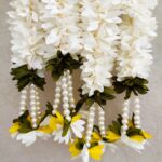 Pair of White Mogra with Yellow Lotus Steps & Pearl Hangings