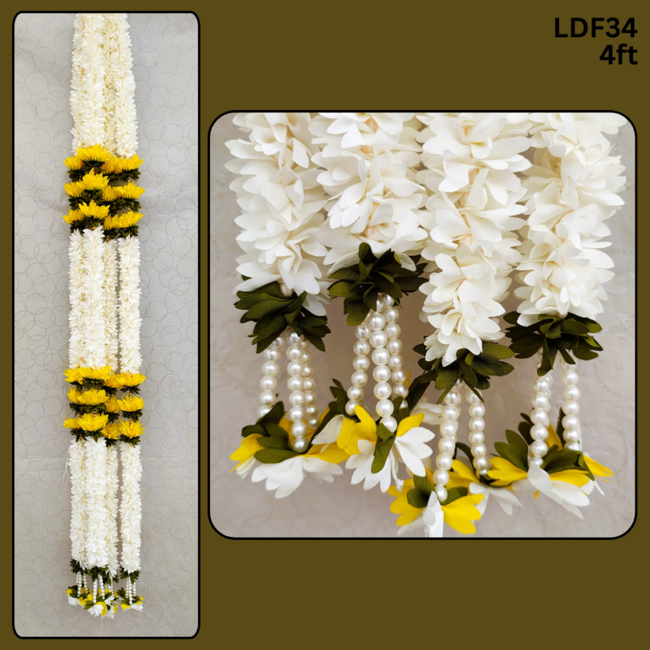 Pair of White Mogra with Yellow Lotus Steps & Pearl Hangings