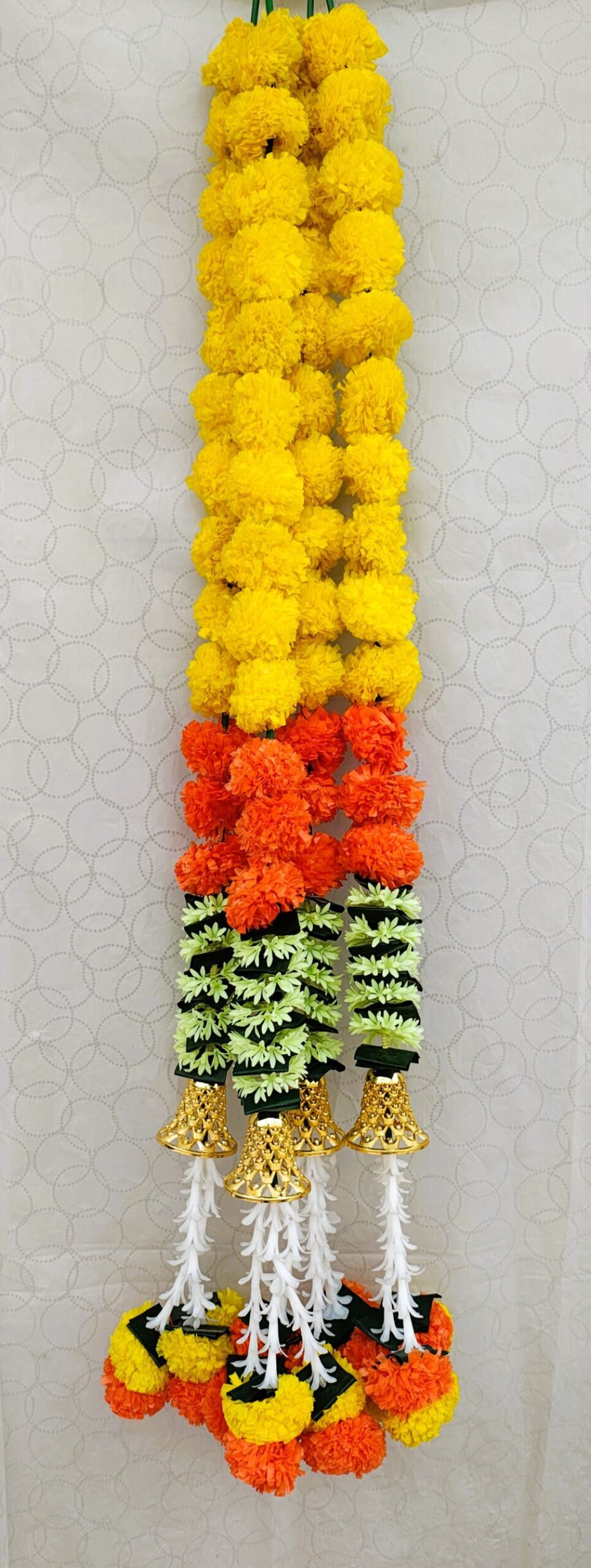 Pair of Yellow with Orange Marigold Garlands with Bell Hangings & Lily-Marigold Tassels