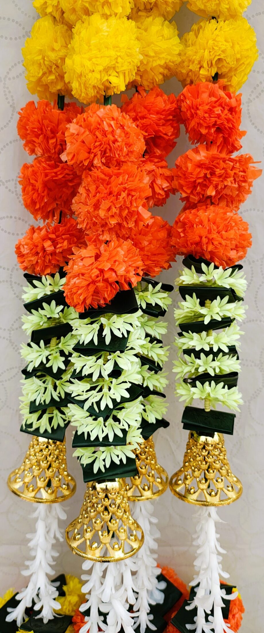 Pair of Yellow with Orange Marigold Garlands with Bell Hangings & Lily-Marigold Tassels