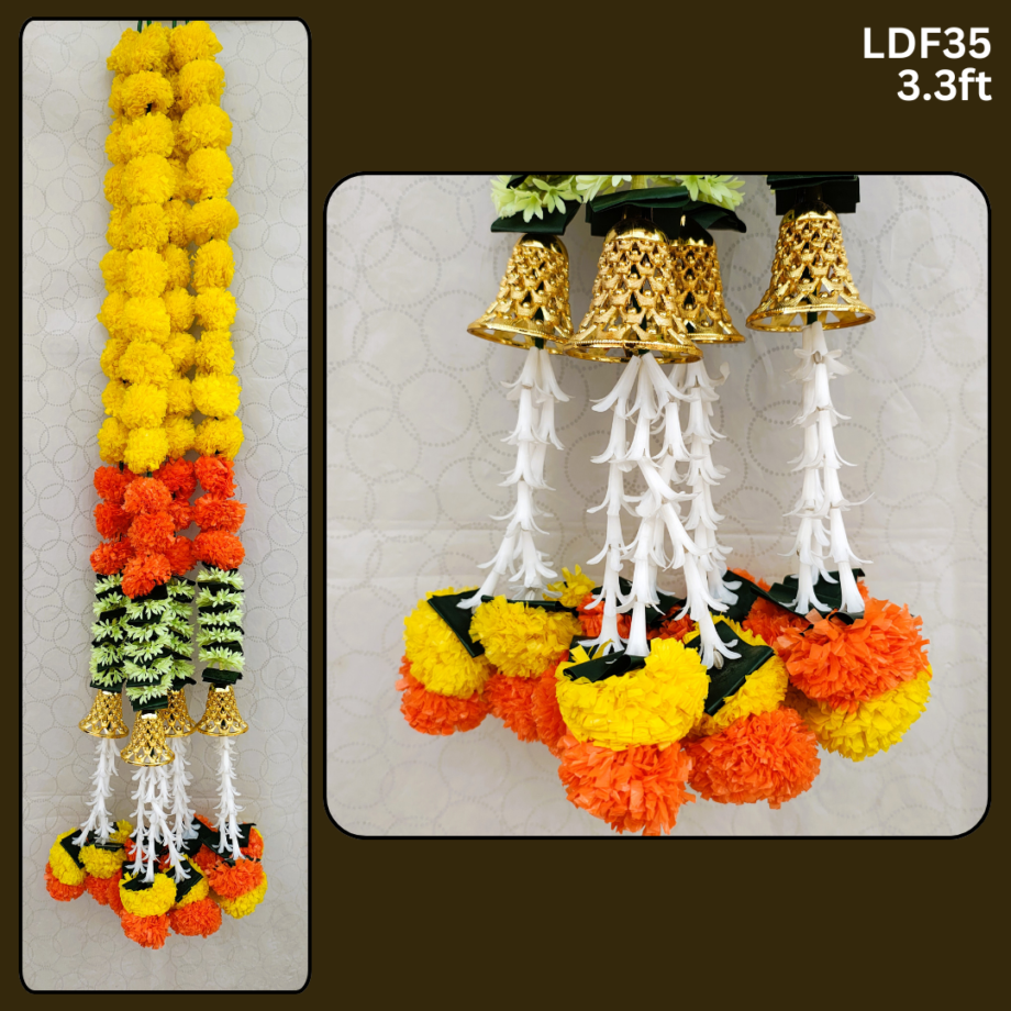 Pair of Yellow with Orange Marigold Garlands with Bell Hangings & Lily-Marigold Tassels