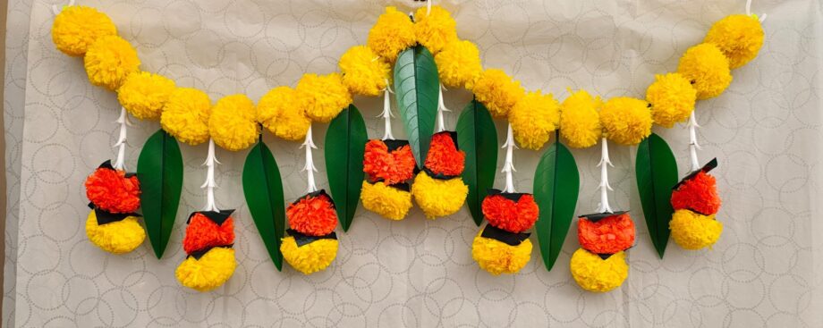 Yellow & Orange Marigold Thoran with Mango Leaves and Tassels